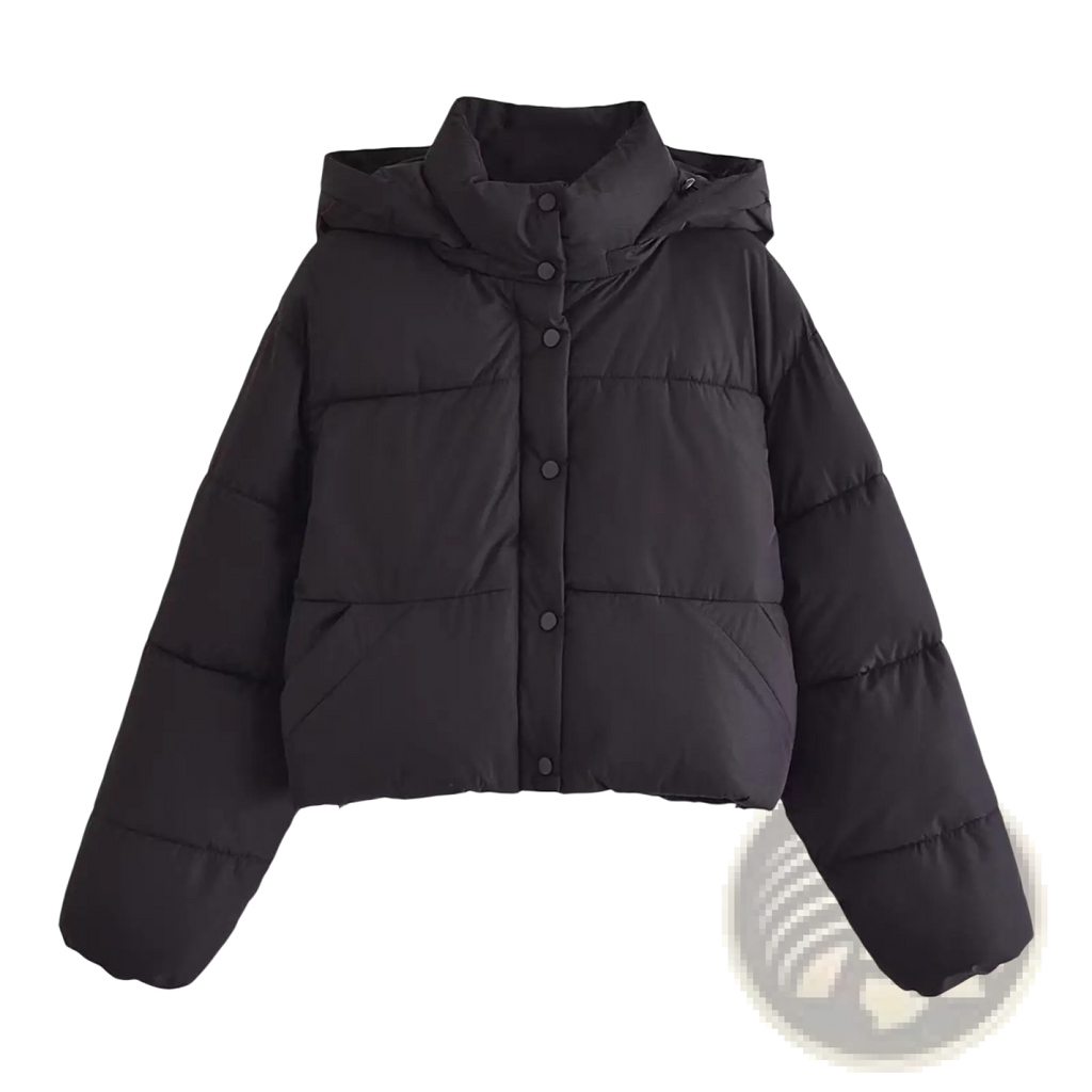 Black quilted hooded puffer coat featuring a black hood and button closure for cold weather use