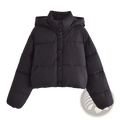 Black quilted hooded puffer coat featuring a black hood and button closure for cold weather use
