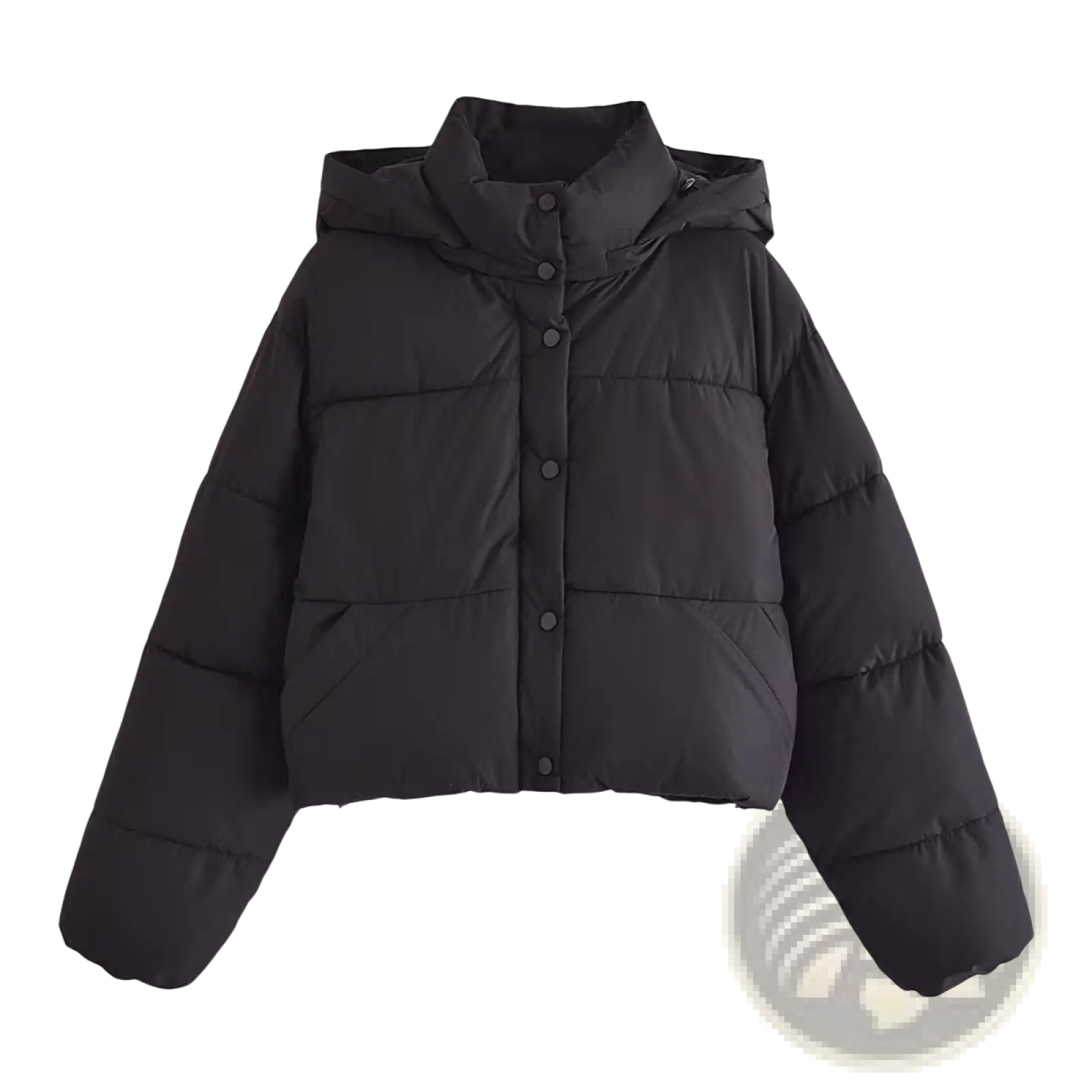 Black quilted hooded puffer coat featuring a black hood and button closure for cold weather use