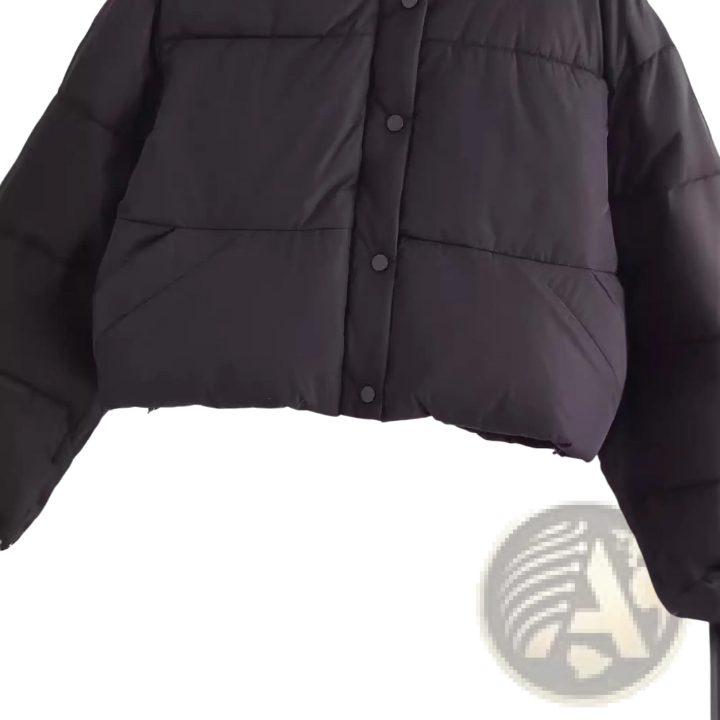 Black quilted hooded puffer coat with a front button closure in a warm insulated material