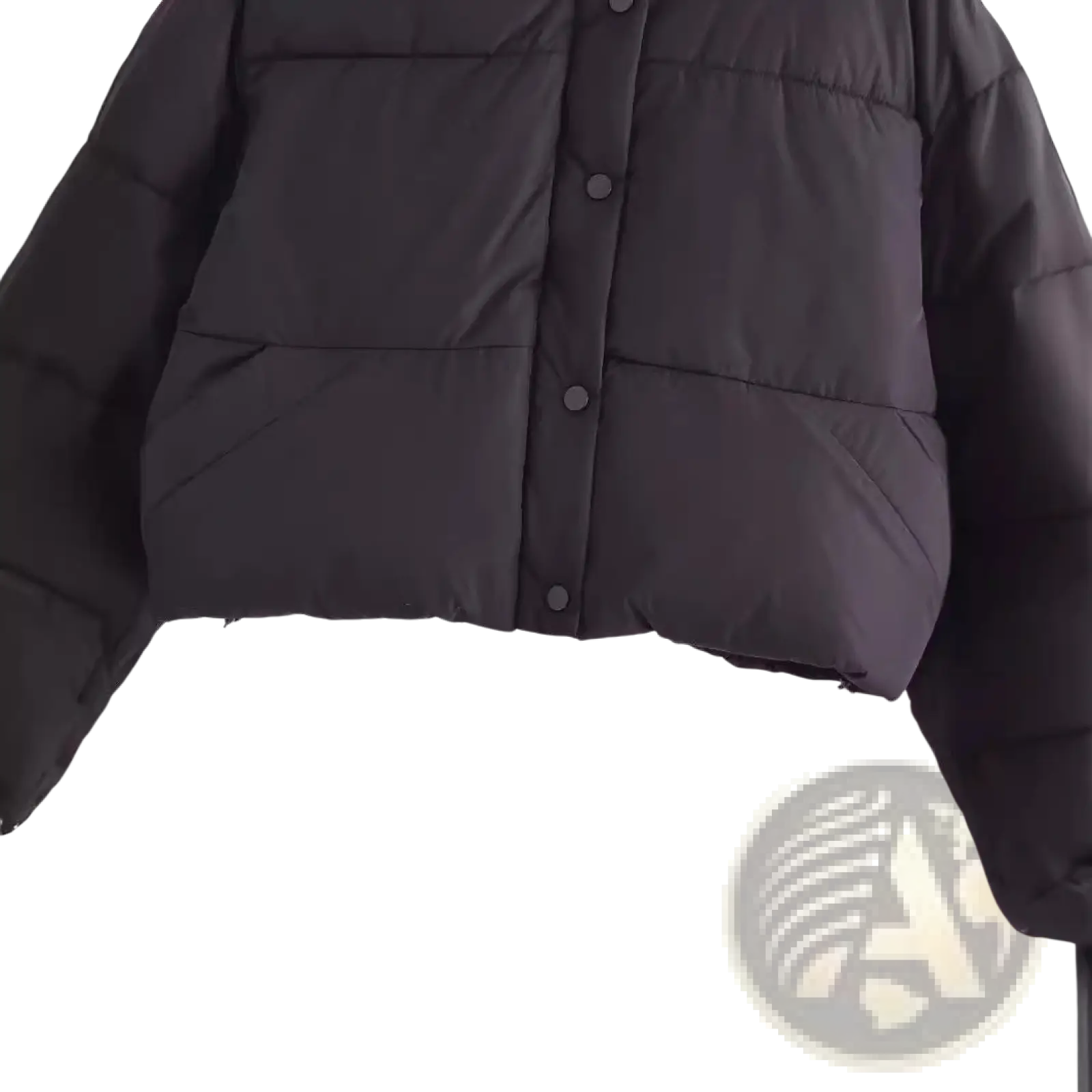 Black quilted hooded puffer coat with a front button closure in a warm insulated material