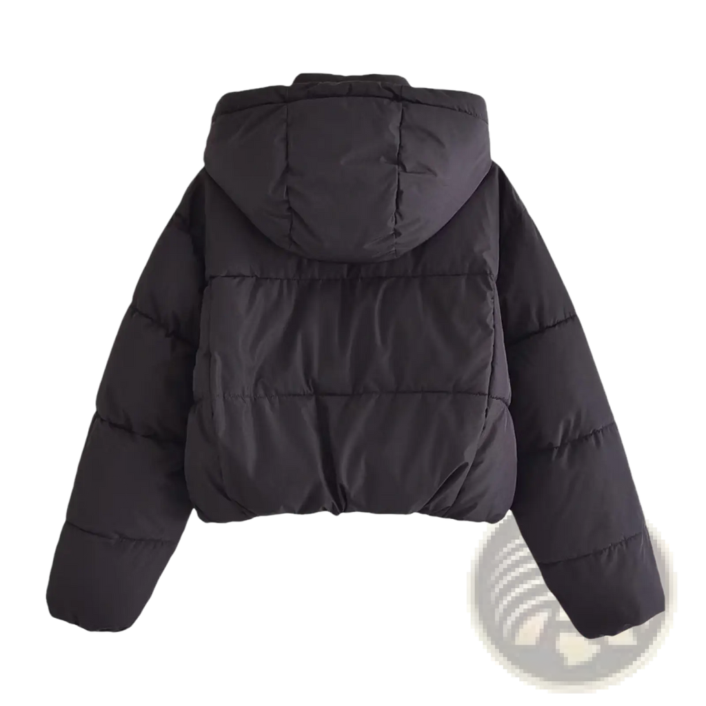 Black quilted hooded puffer coat with a hood and insulated design for cold weather protection