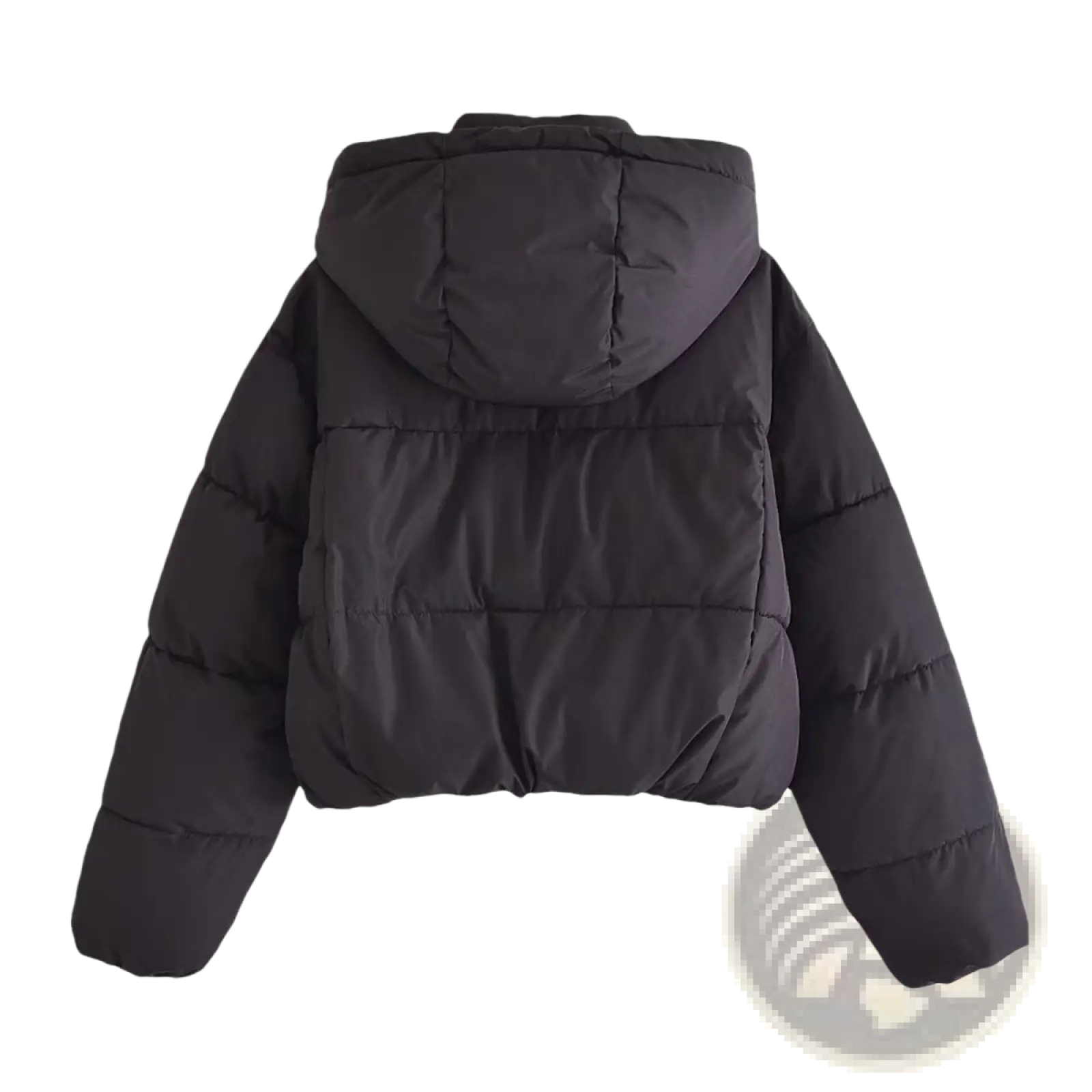 Black quilted hooded puffer coat with a hood and insulated design for cold weather protection