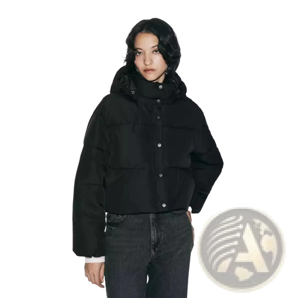 Black quilted hooded puffer coat with button closure made of insulated material for cold weather protection