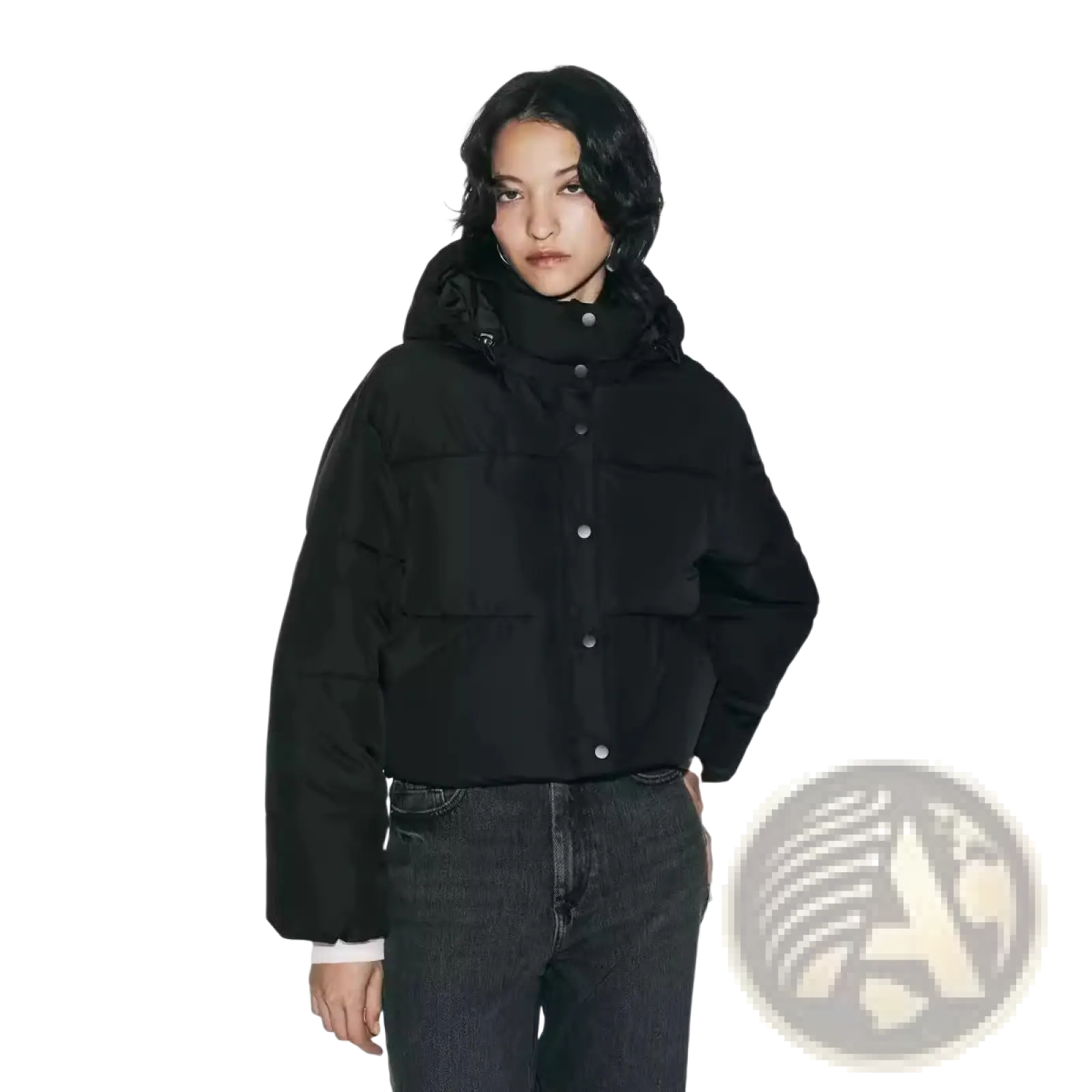 Black quilted hooded puffer coat with button closure made of insulated material for cold weather protection
