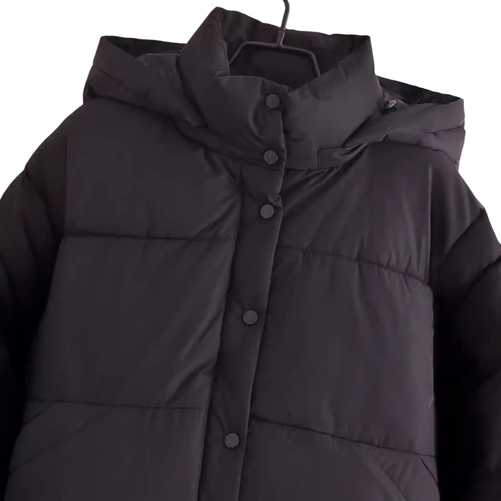Black quilted hooded puffer coat with front button closure designed for warmth and style in cold weather