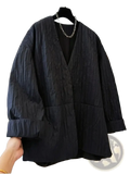 Black quilted puffer winter parka jacket with black textured blazer inspired v-neck and puffed sleeves design