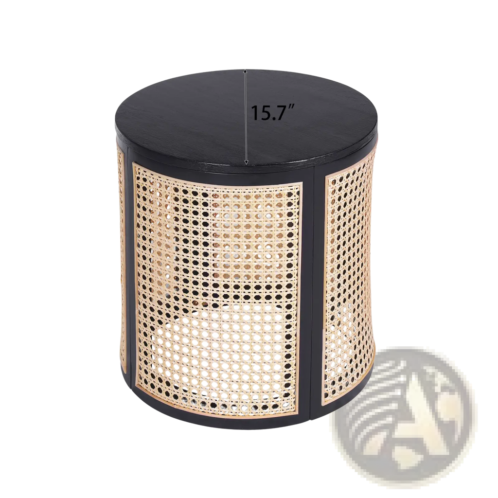 Black rattan end table featuring a round woven cane lattice wood nightstand with a smooth dark finished top
