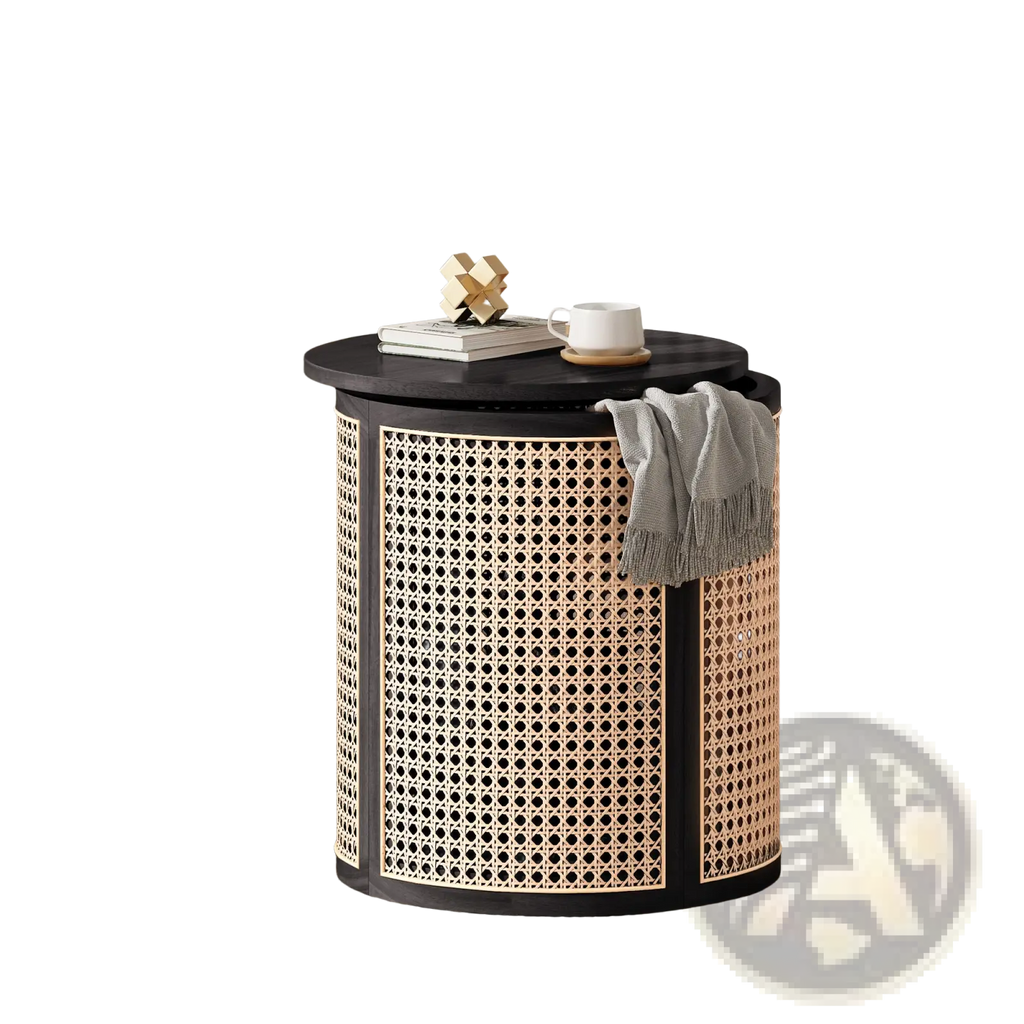 Black rattan end table with a round top and woven cane lattice design as a wood nightstand side table