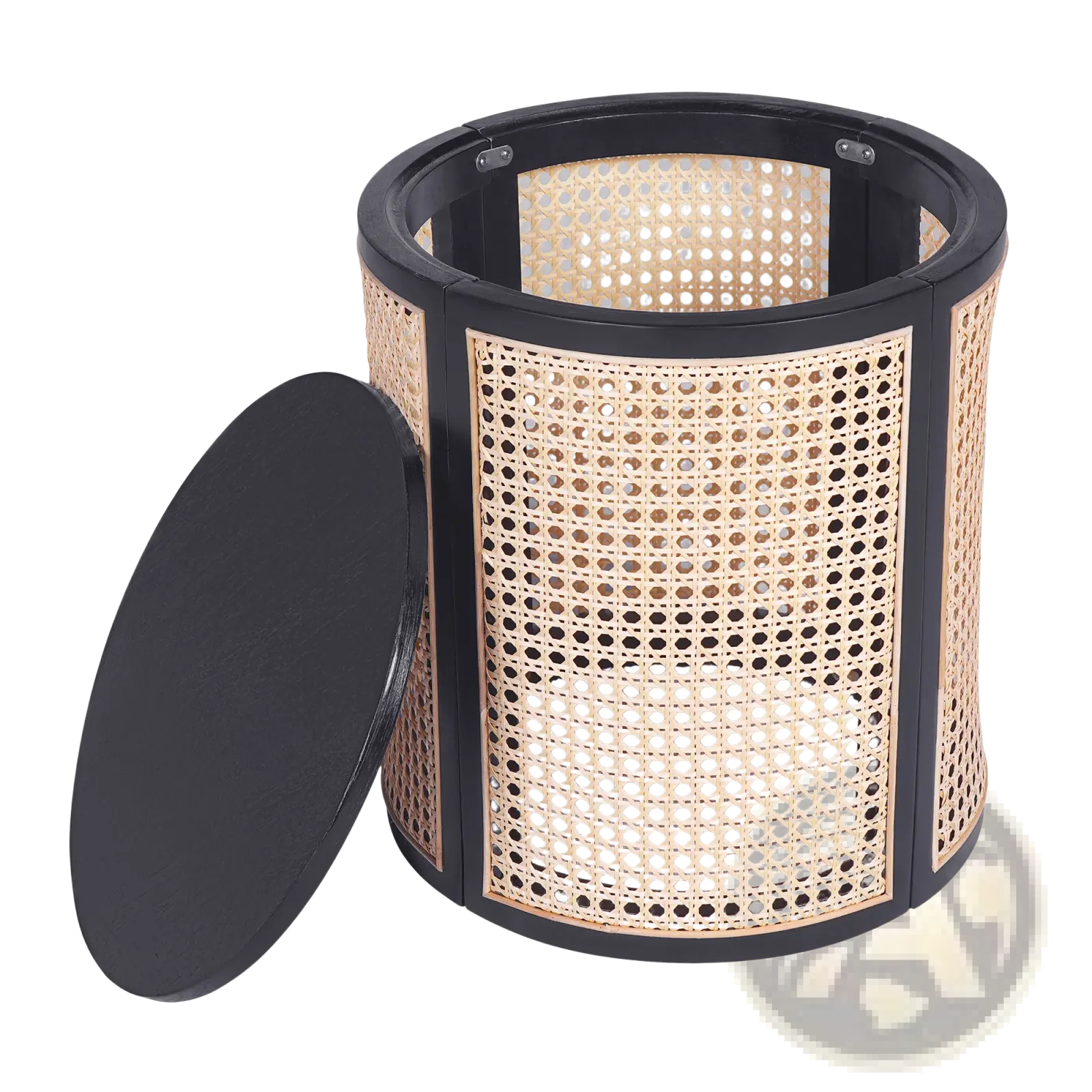 Black rattan end table featuring a black-framed cylindrical storage bin with a woven natural cane pattern