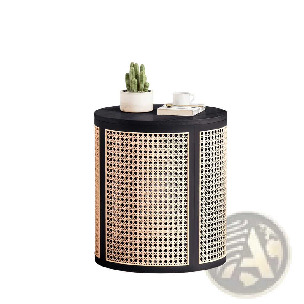 Black rattan end table with a round woven cane lattice design and smooth rounded top for use as a nightstand