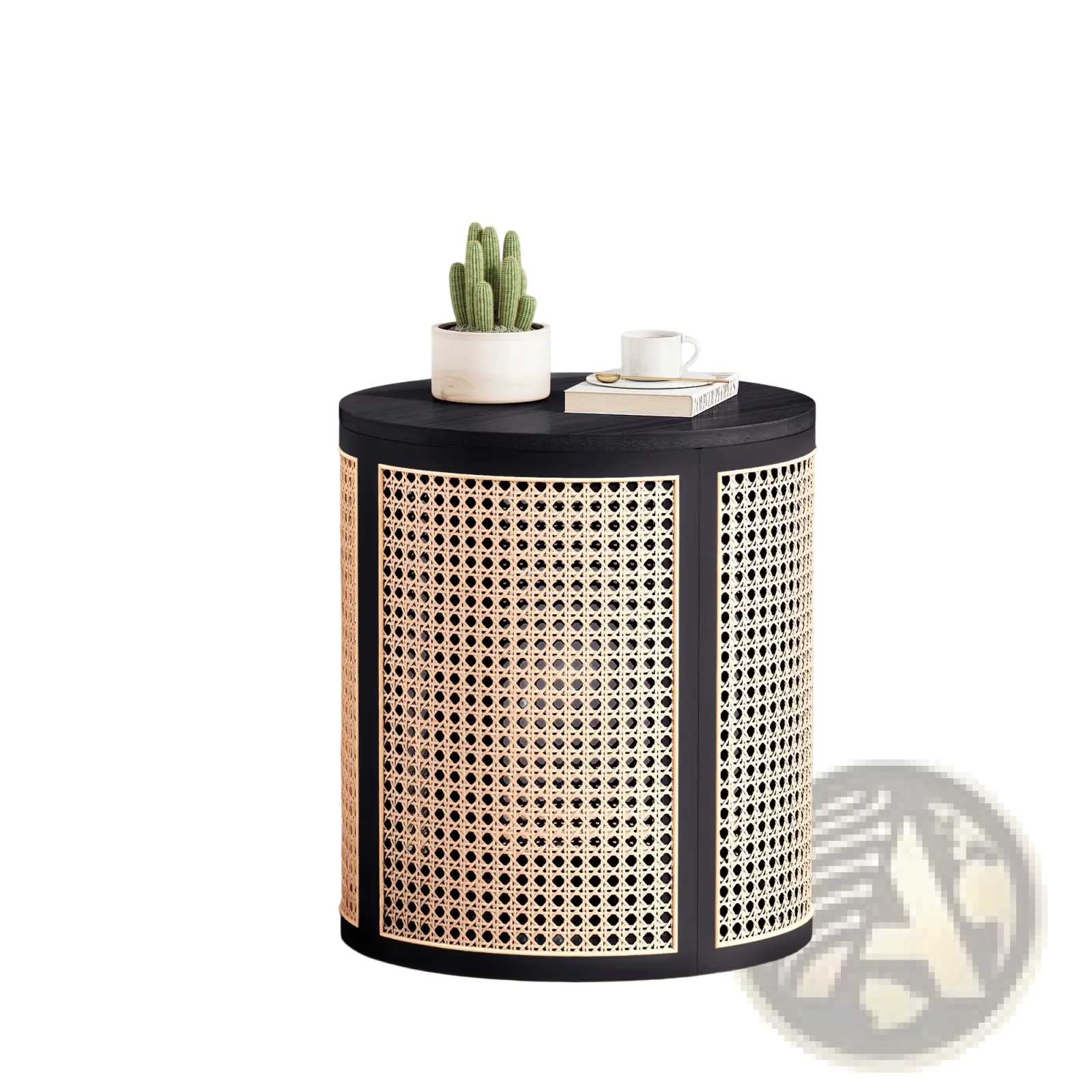 Black rattan end table with a round woven cane lattice design and smooth rounded top for use as a nightstand