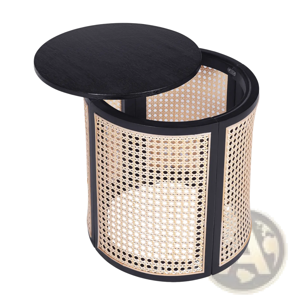 Black rattan end table with a cylindrical woven cane body, black frame, and round wood top for use as a nightstand