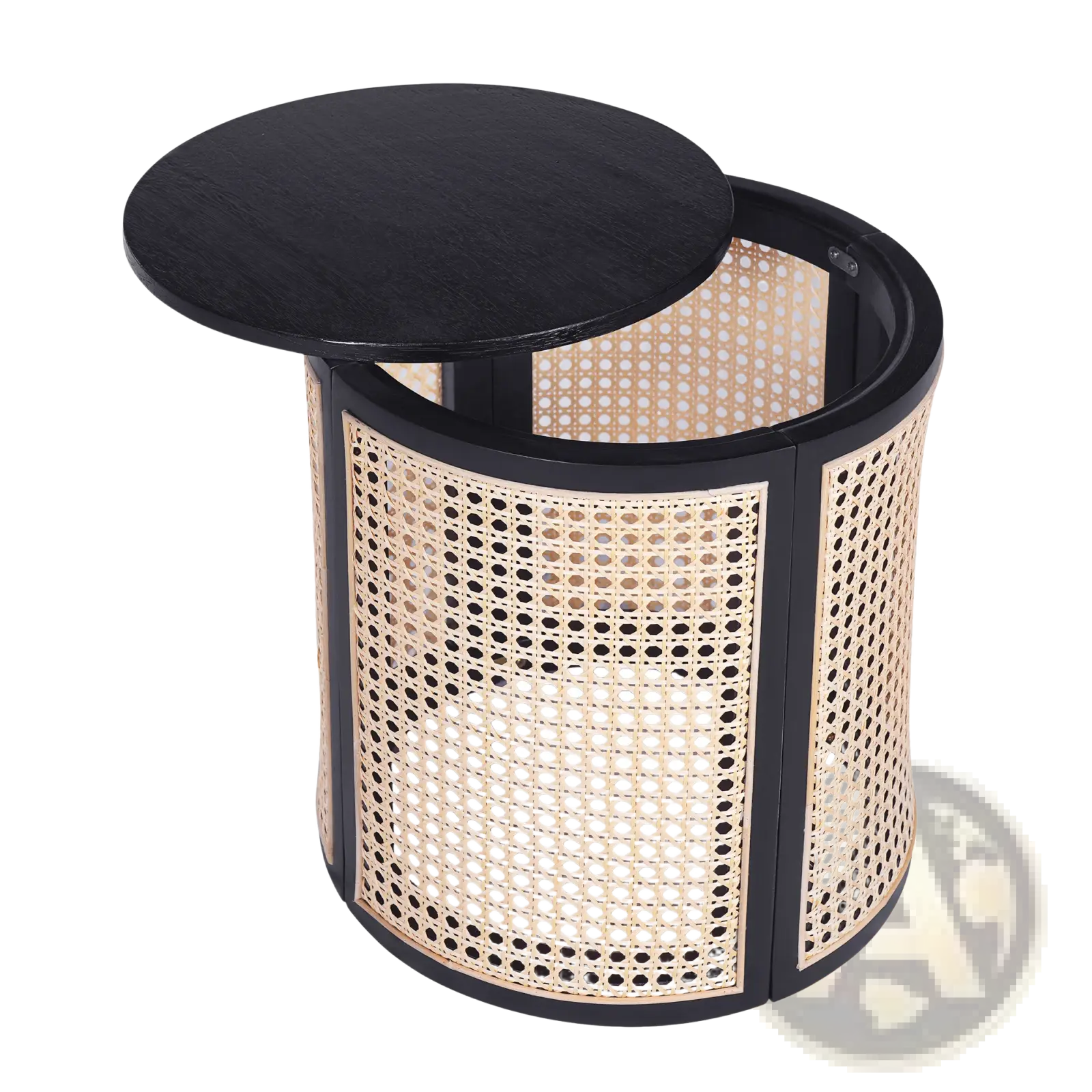 Black rattan end table with a cylindrical woven cane body, black frame, and round wood top for use as a nightstand
