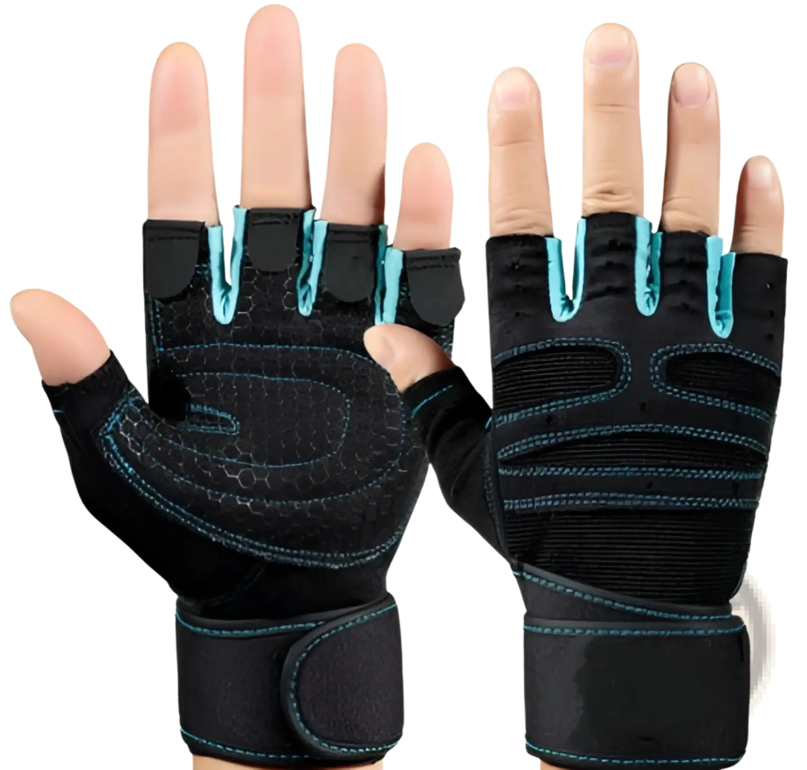 Black and teal fingerless workout gloves with textured palm elastic wrist strap and reinforced stitching for weightlifting