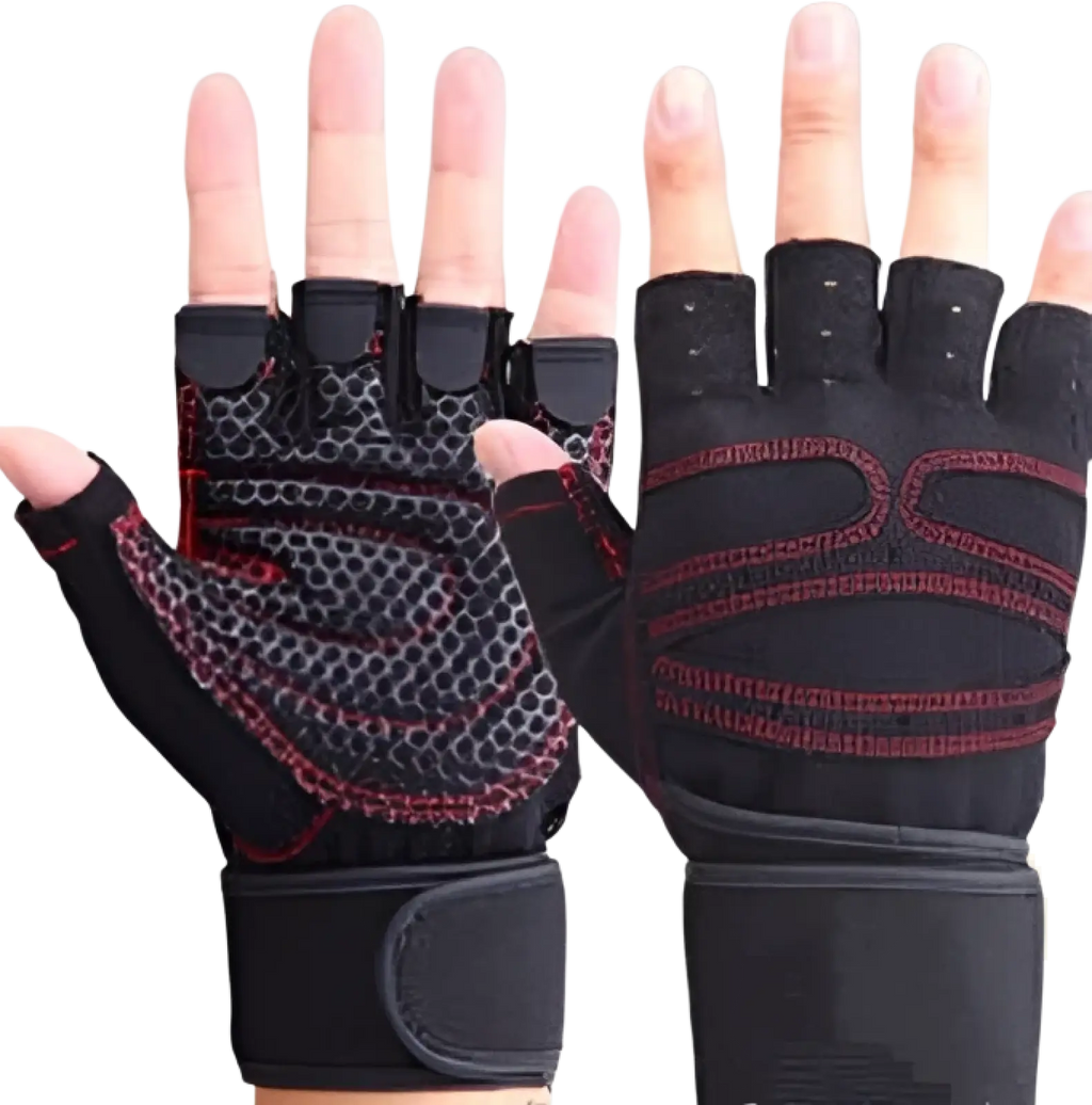 Black and red fingerless weightlifting gloves with mesh palms and elastic wrist straps for secure support