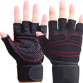 Black and red fingerless weightlifting gloves with mesh palms and elastic wrist straps for secure support