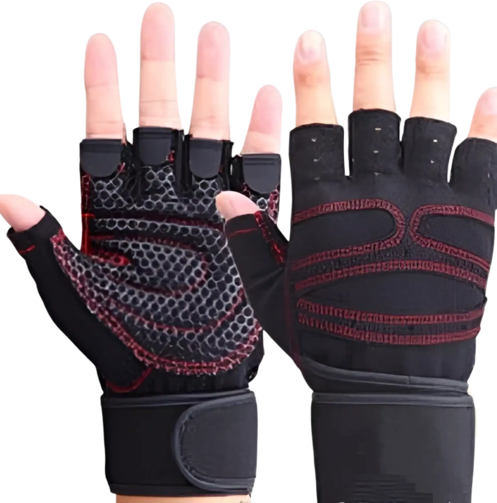 Black and red fingerless weightlifting gloves with mesh palms and elastic wrist straps for secure support