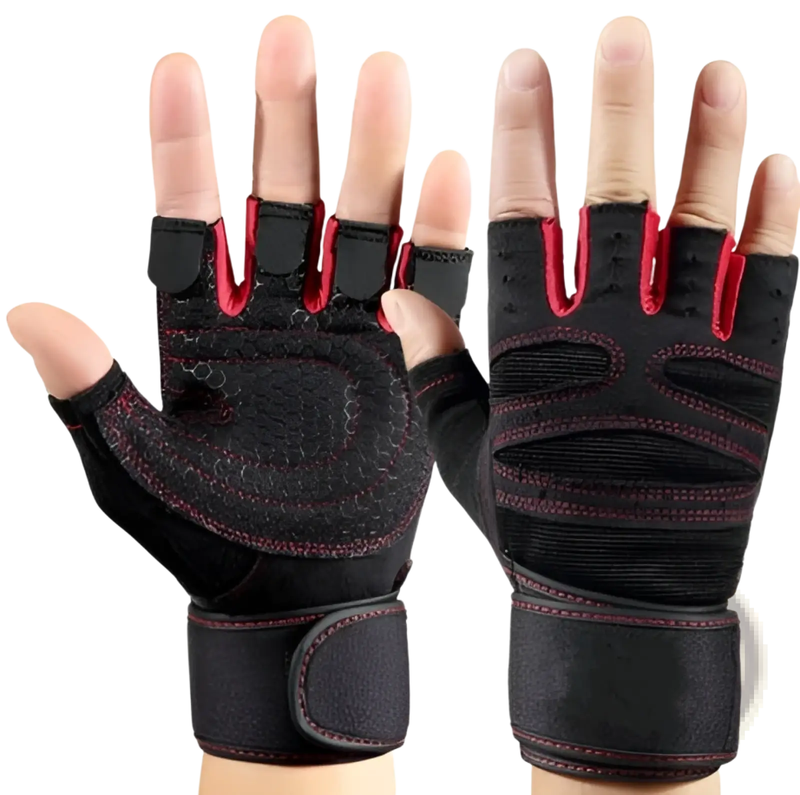 Black and red mesh weightlifting gloves with fingerless textured grip surface and adjustable wrist straps showing back side