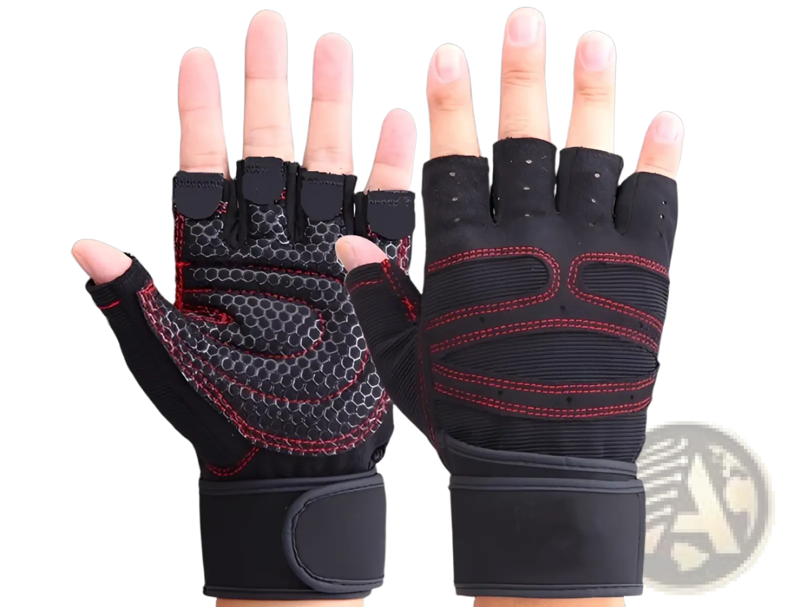 Black and red mesh weightlifting gloves with fingerless design elastic wrist straps and breathable panels shown from back side