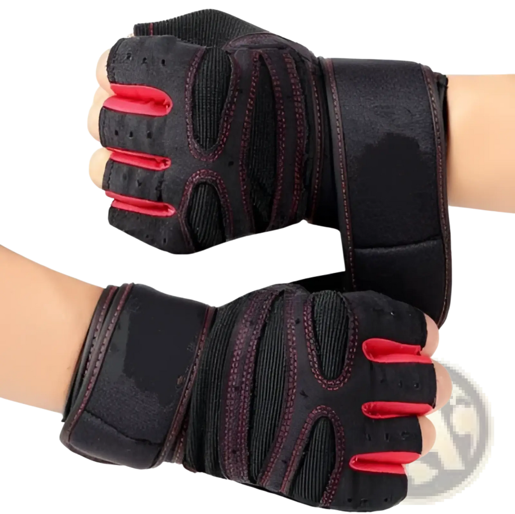 Black and red fingerless weightlifting gloves with breathable mesh panels and reinforced stitching for wrist support