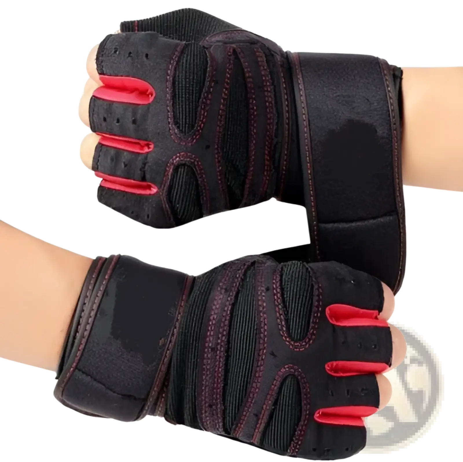 Black and red fingerless weightlifting gloves with breathable mesh panels and reinforced stitching for wrist support