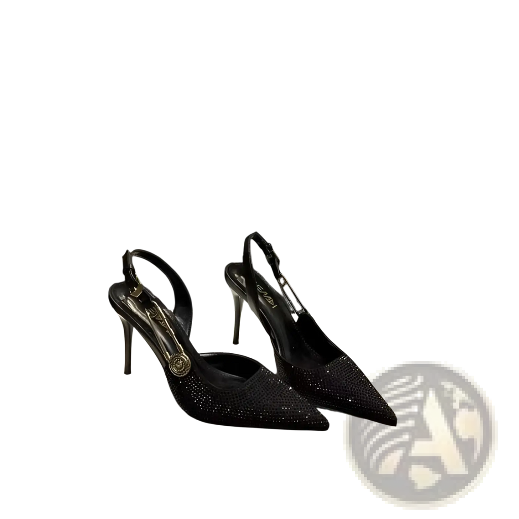 Black rhinestone slingback stiletto heels with sparkling embellishments and a gold-toned circular buckle on the strap