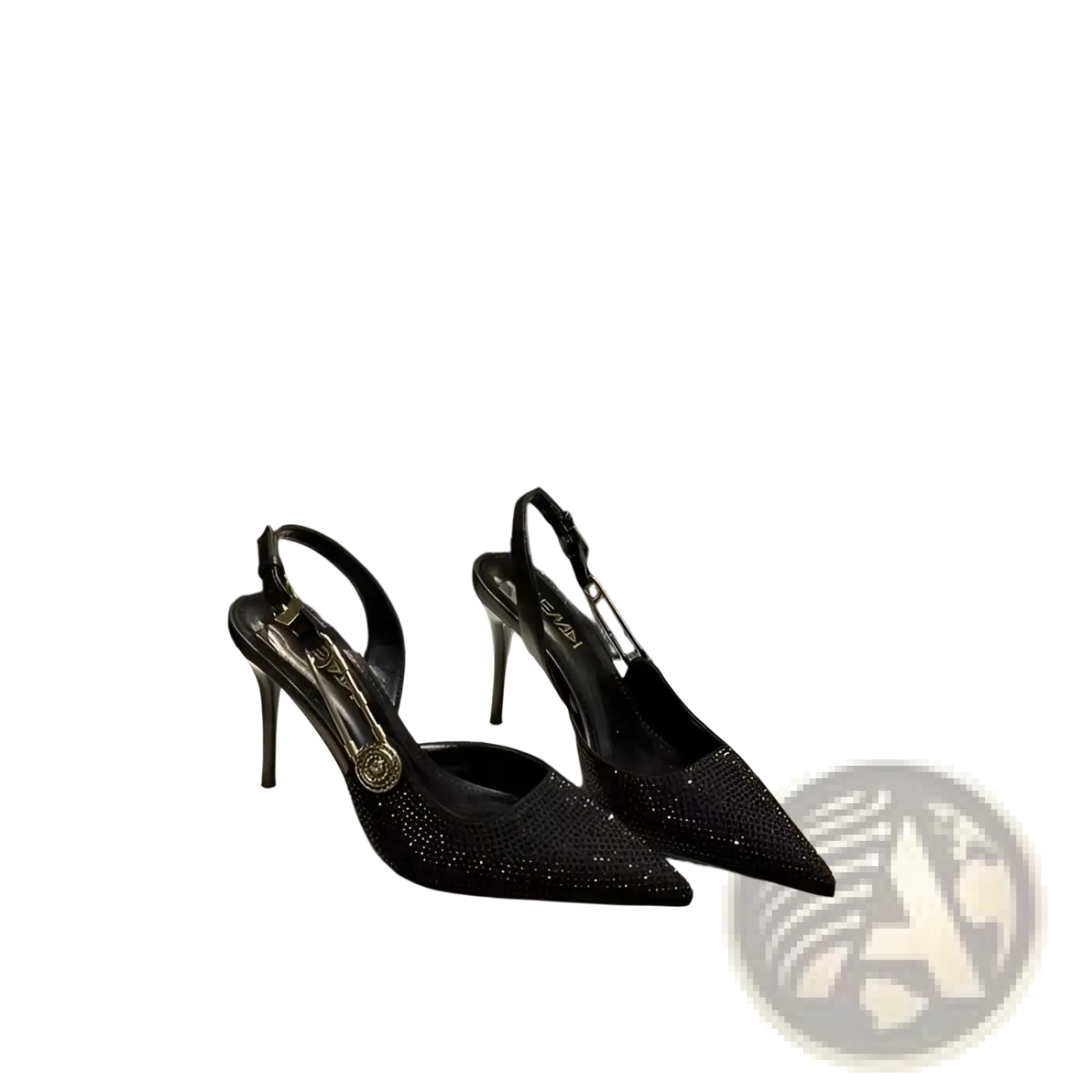 Black rhinestone slingback stiletto heels with sparkling embellishments and a gold-toned circular buckle on the strap