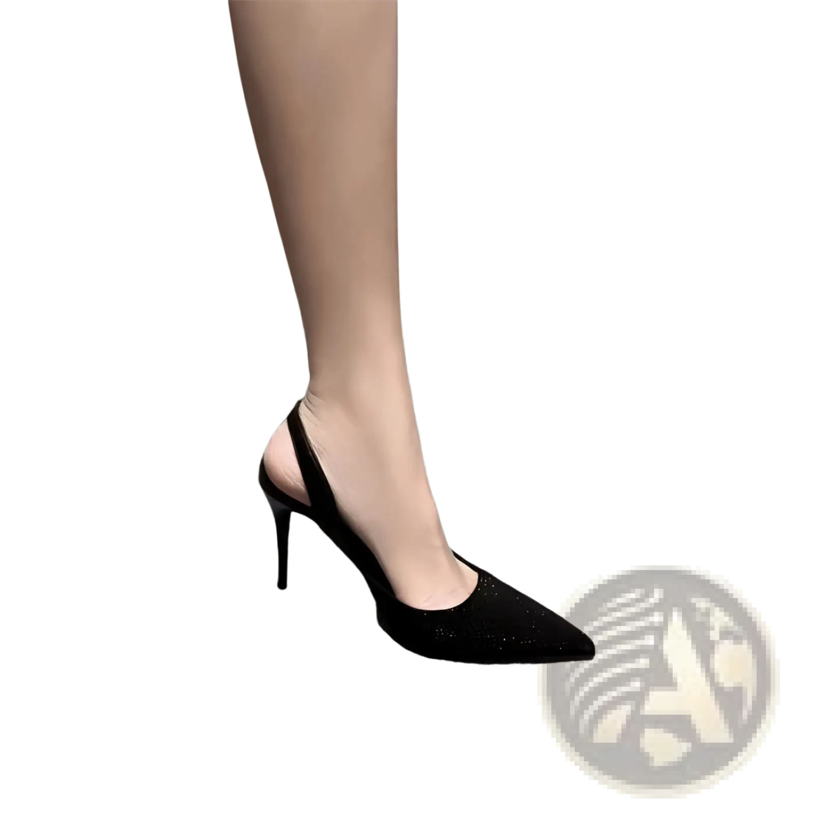 Black rhinestone slingback stiletto heels with a pointed toe and slender heel in sparkly black material