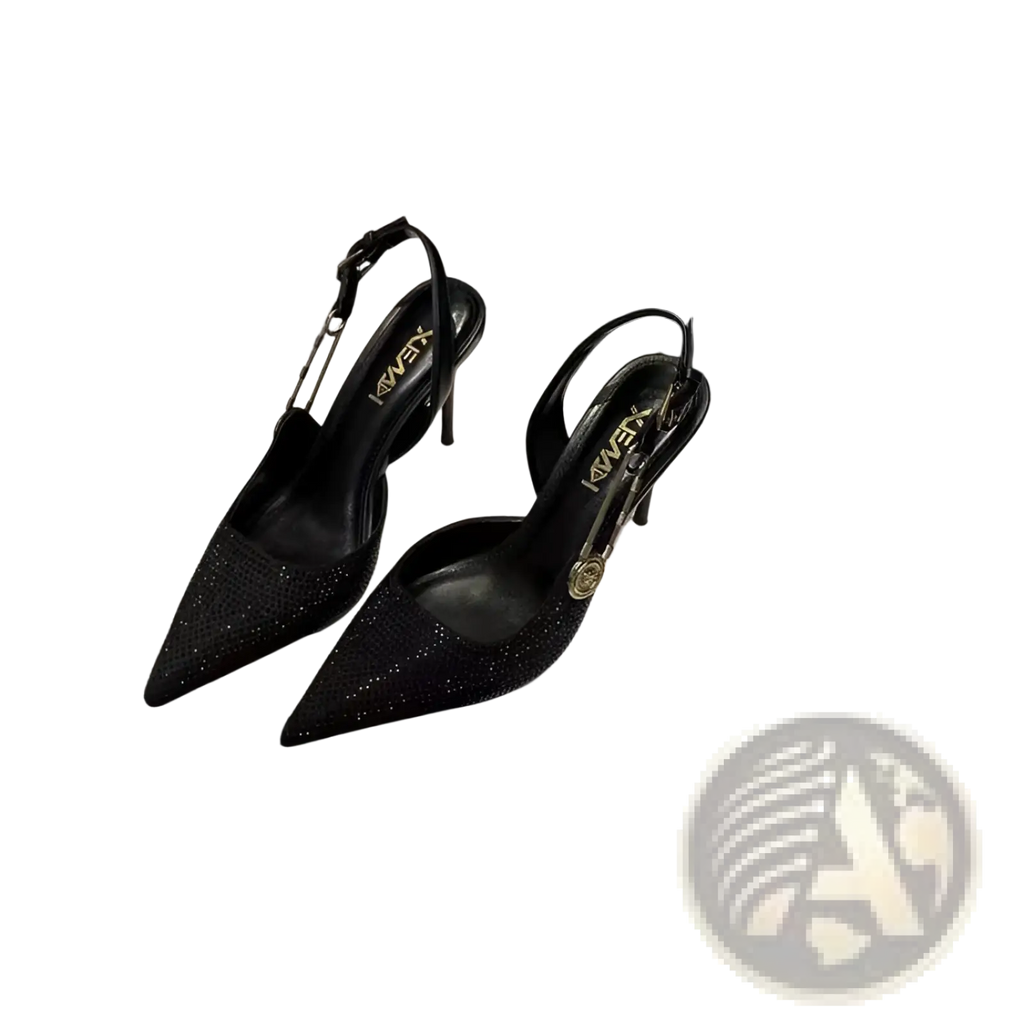 Black rhinestone slingback stiletto heels with sparkling glitter detailing and a gold-tone buckle on black kweex slingbacks