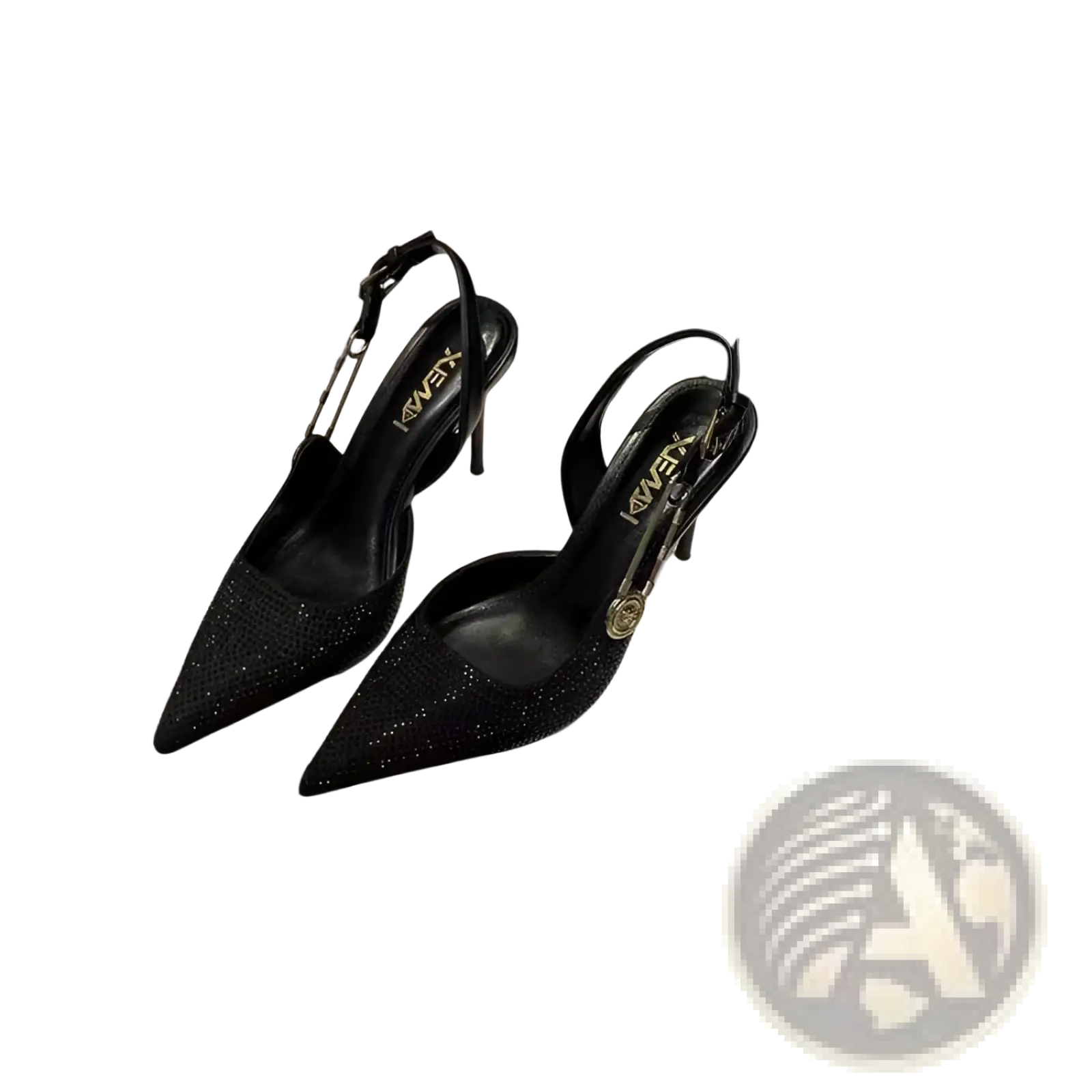 Black rhinestone slingback stiletto heels with sparkling glitter detailing and a gold-tone buckle on black kweex slingbacks