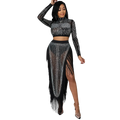 Black rhinestone two piece skirt set fringe outfit with high neck crop top and skirt featuring closure type details