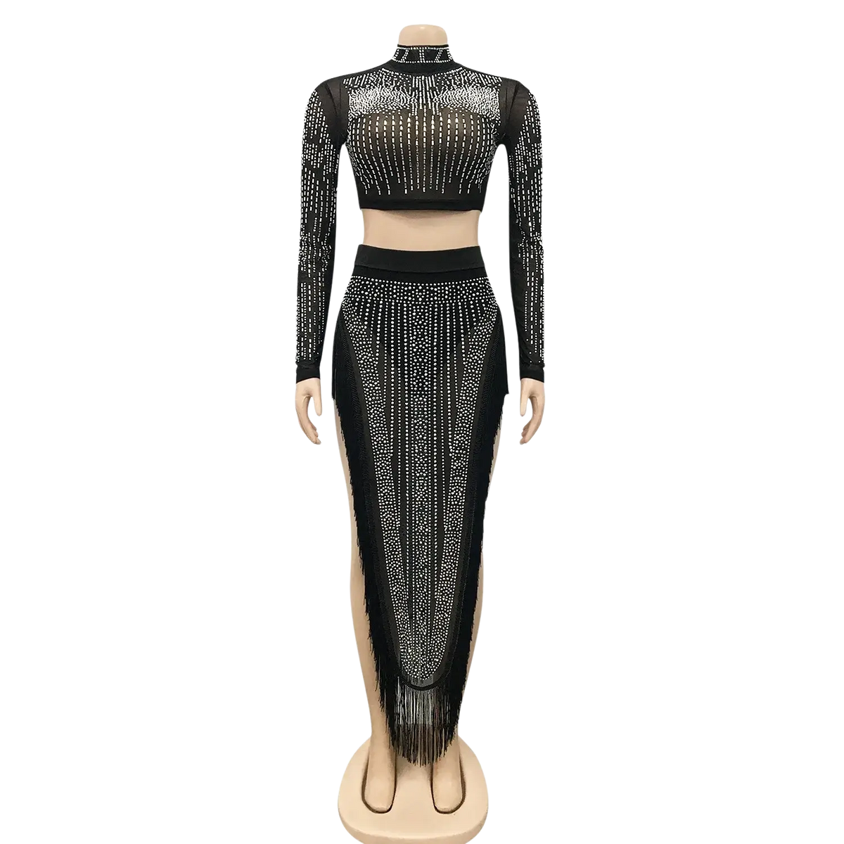 Black rhinestone two piece skirt set fringe outfit with sheer mesh top and high waist skirt with closure type details