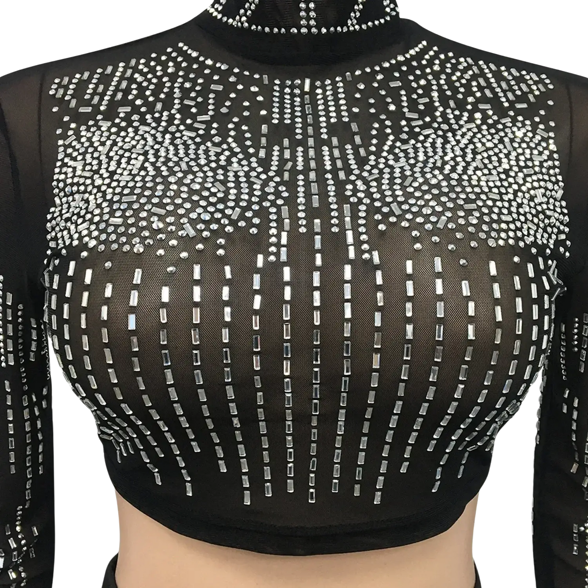 Black sheer mesh crop top with sparkling silver rhinestones and closure type detail from black rhinestone two piece skirt set fringe outfit
