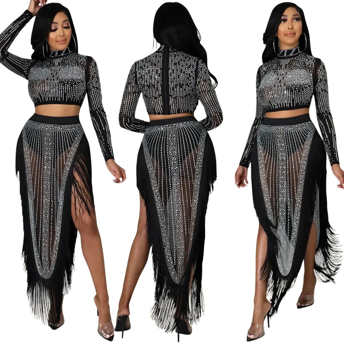 Black rhinestone two piece skirt set with silver embellishments, long sleeves, high neckline, side slit, fringe, and closure type