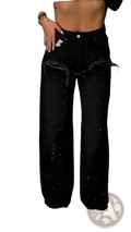 Black rhinestone wide leg jeans in black denim with a starry glittery texture and distressed ripped hems