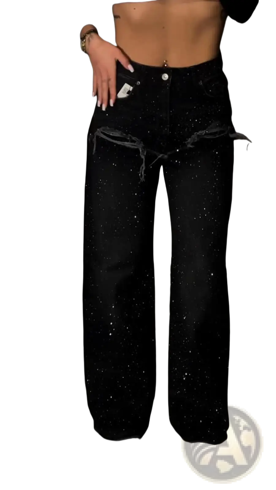 Black rhinestone wide leg jeans in black denim with a starry glittery texture and distressed ripped hems