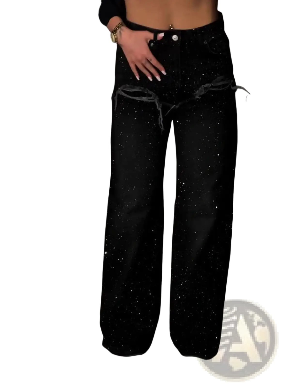 Black rhinestone wide leg jeans in black denim with starry glitter pattern and distressed frayed hem