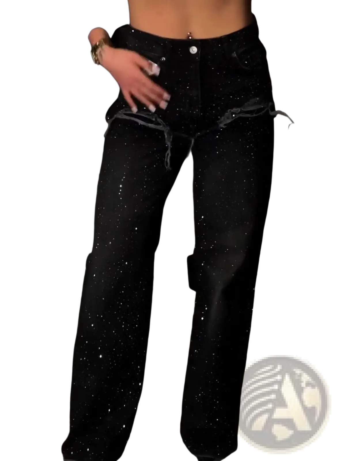 Black rhinestone wide leg jeans in black denim with starry glittery finish and distressed ripped knees