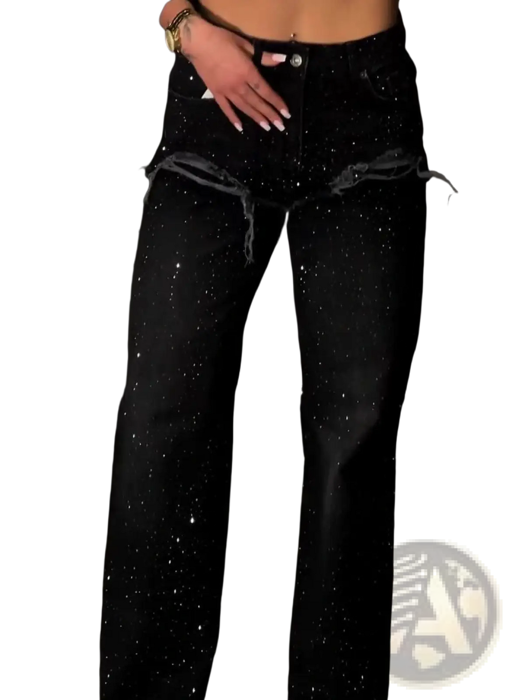 Black rhinestone wide leg jeans featuring black denim with a starry glittery finish and distressed ripped cuffs