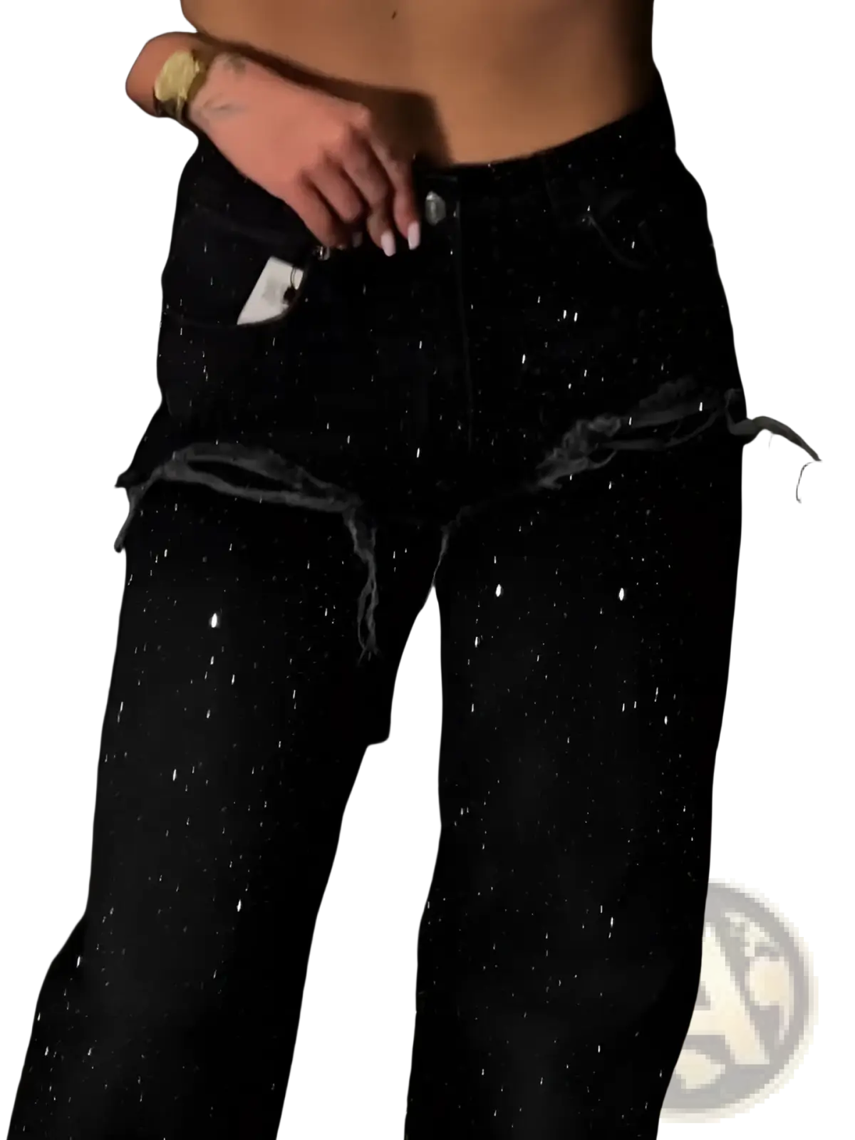 Black rhinestone wide leg jeans in black denim with a starry glittery texture and distressed frayed hem