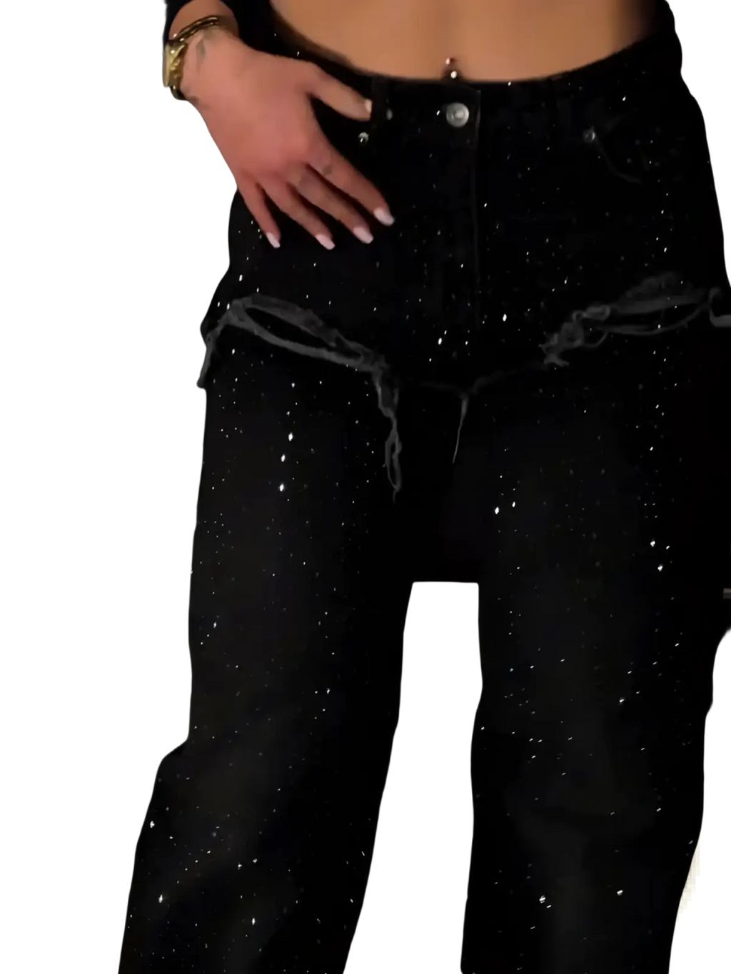Black rhinestone wide leg jeans in black denim with starry glittery texture and distressed ripped cuffs