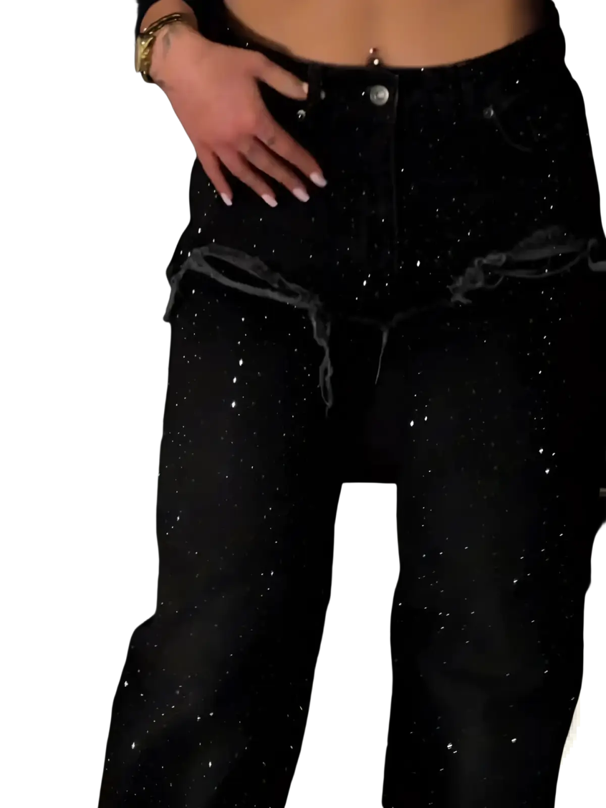 Black rhinestone wide leg jeans in black denim with starry glittery texture and distressed ripped cuffs