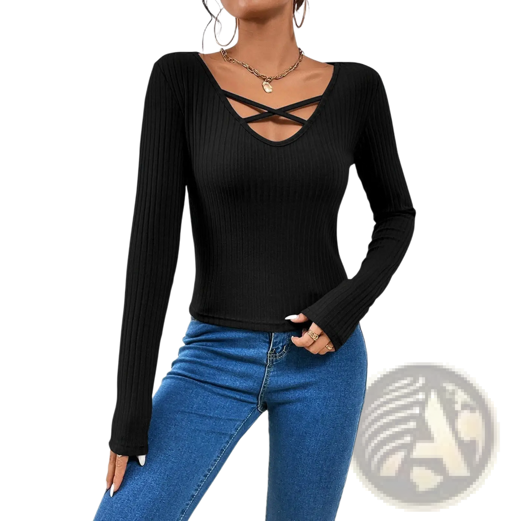 Black ribbed long-sleeve top with crisscross neckline made of soft fabric for stylish casual wear