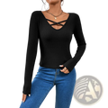 Black ribbed long-sleeve top with crisscross neckline made of soft fabric for stylish casual wear