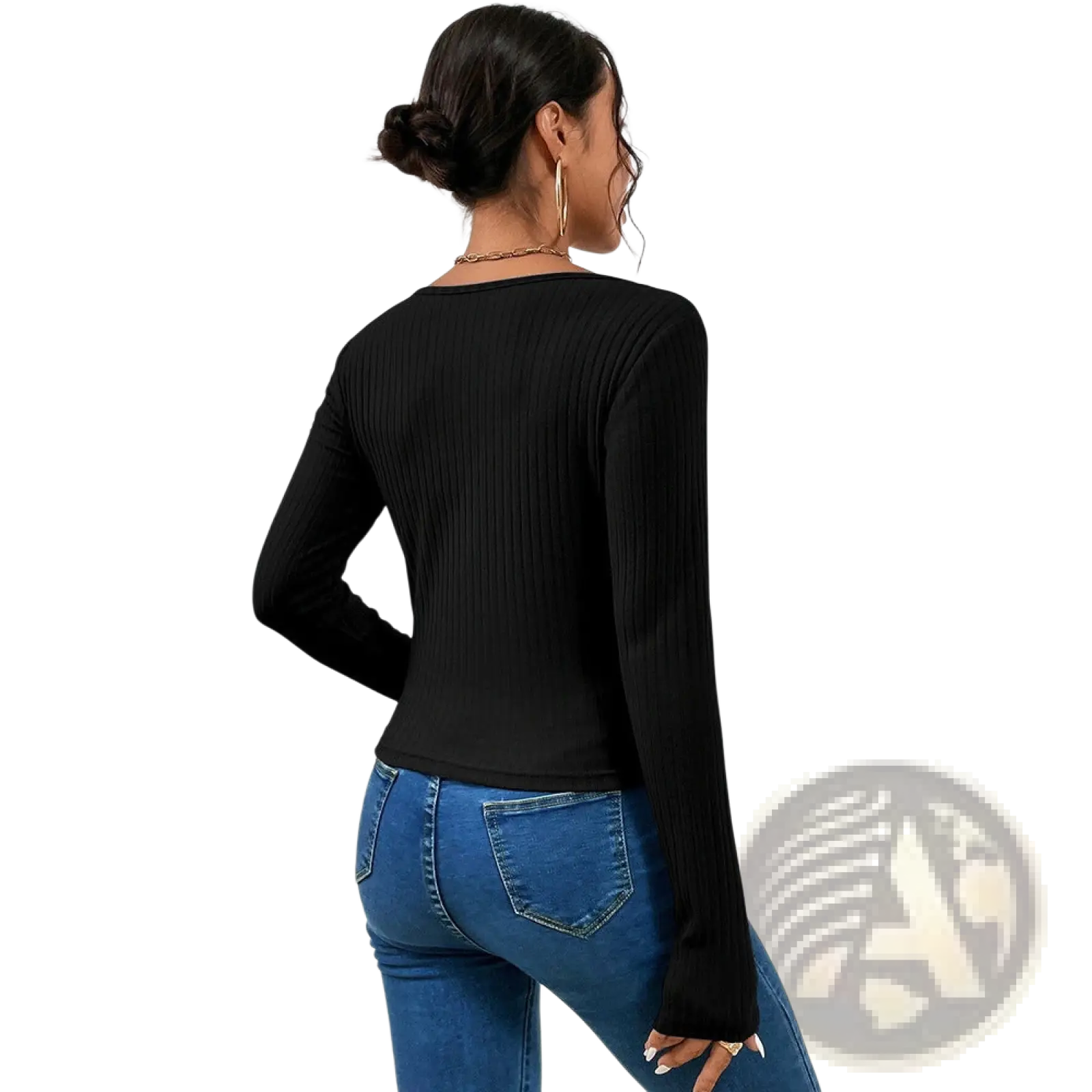 Black ribbed crisscross long sleeve top featuring textured fabric and a stylish front design for casual wear