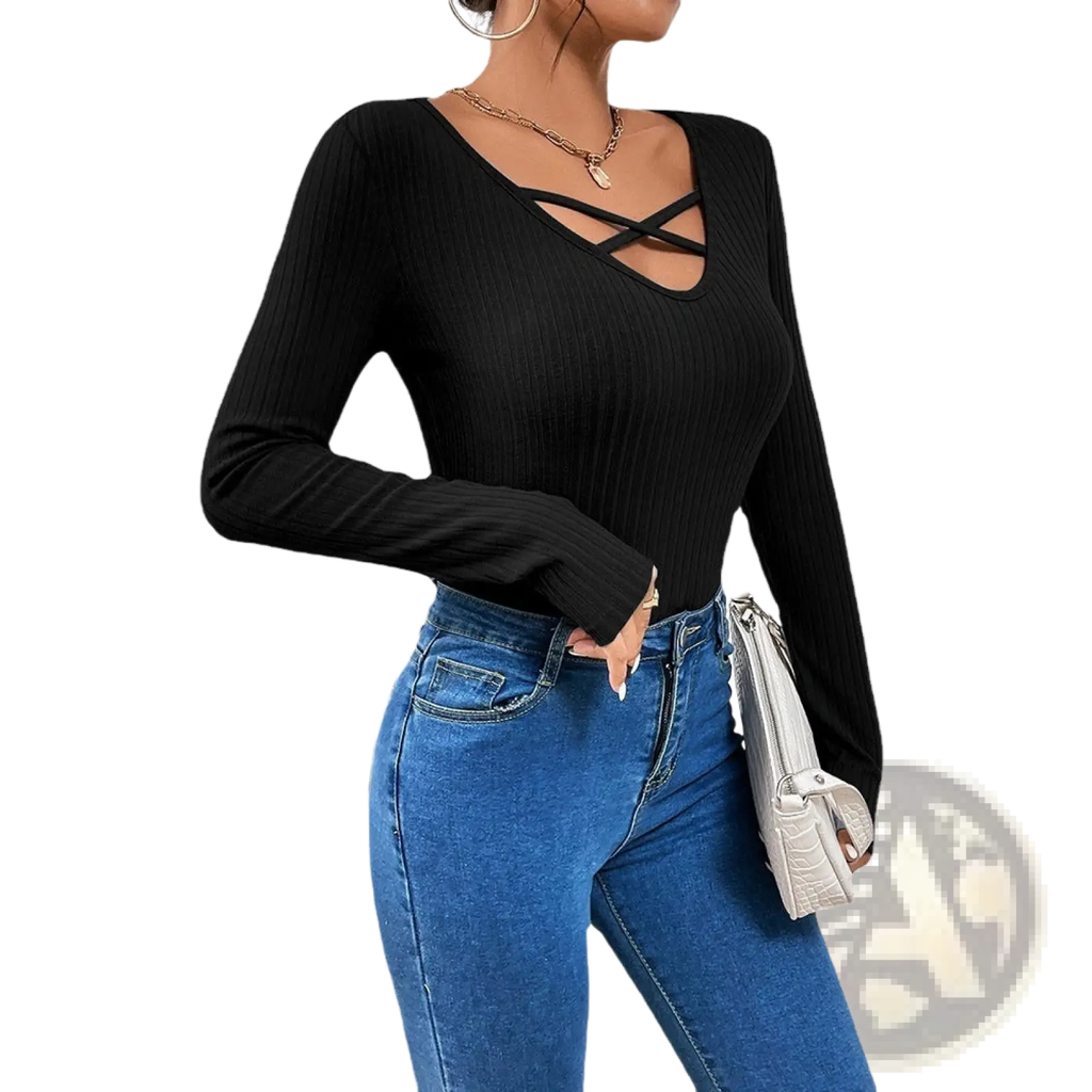 Black ribbed long sleeve top featuring a crisscross neckline made of stretch fabric for stylish layering