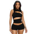 Black ribbed knit crop top with asymmetrical cut-out details from a tank top and shorts set
