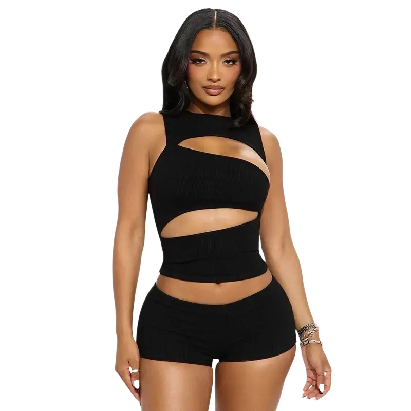 Black ribbed knit crop top with asymmetrical cut-out details from a tank top and shorts set