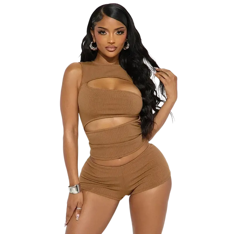 Tan ribbed knit two-piece set with cut-out details featuring a tank top and shorts for casual wear